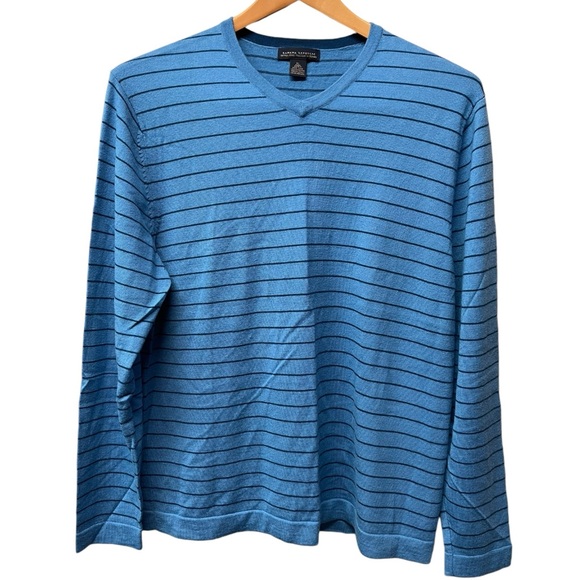 BANANA REPUBLIC Merino Wool Sweater Blue/Navy Stripe V-Neck Preppy Classic XL - Picture 1 of 6